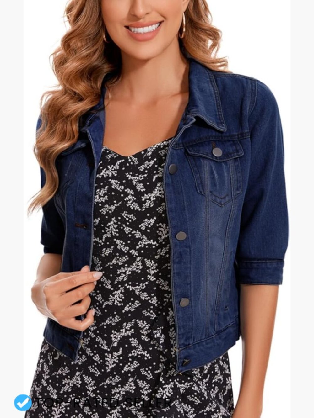 Cropped Denim Jacket Women Classic Jean Coat 3/4 Sleeve Button Front